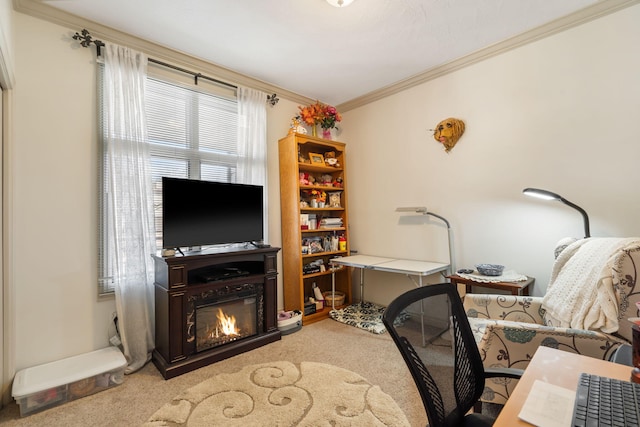 office space with a glass covered fireplace, carpet flooring, and crown molding