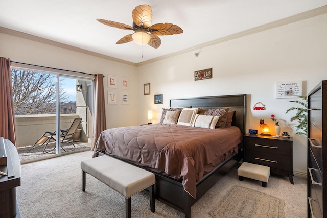 bedroom featuring light carpet, crown molding, ceiling fan, and access to outside