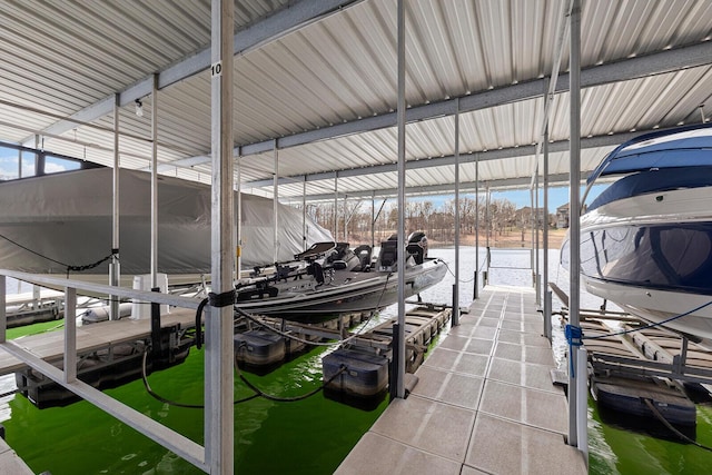 view of dock featuring a water view and boat lift