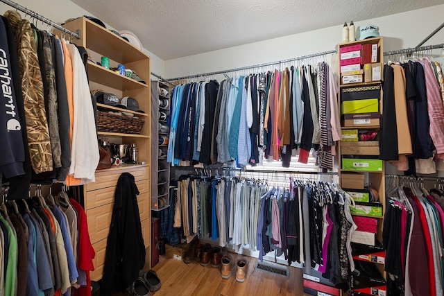 walk in closet with visible vents and wood finished floors