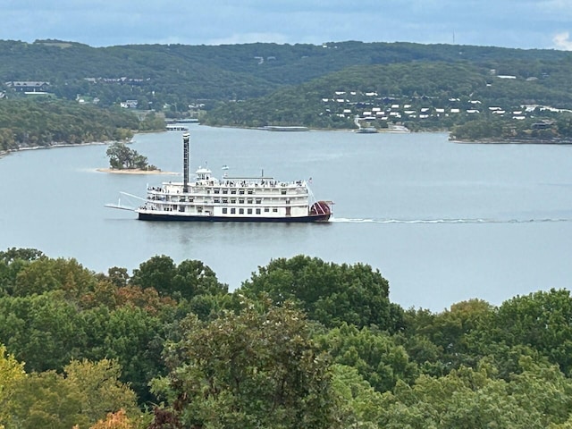 view of dock with a forest view and a water view