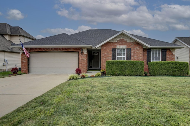 ranch-style home featuring brick siding, an attached garage, roof with shingles, a front yard, and driveway