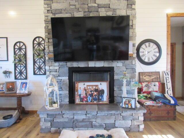 details with a stone fireplace and wood finished floors