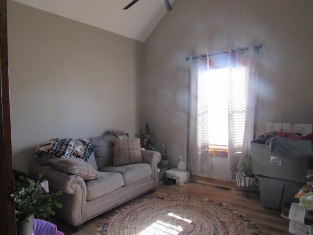 living area with wood finished floors, a ceiling fan, and vaulted ceiling