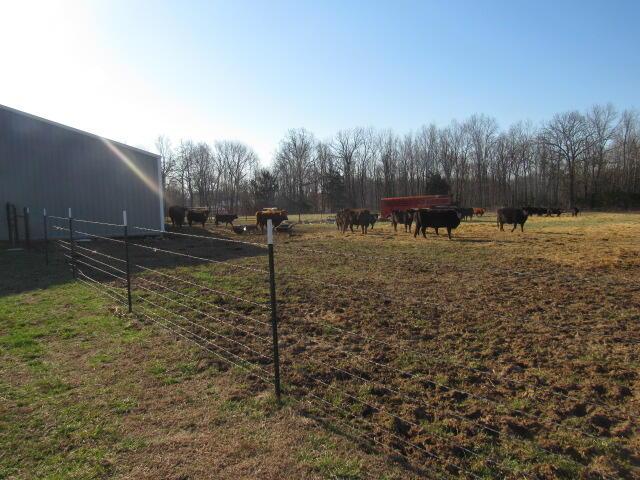 view of yard featuring an outbuilding, a rural view, an outdoor structure, and fence