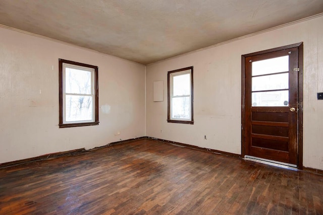 interior space featuring dark wood-style floors and crown molding