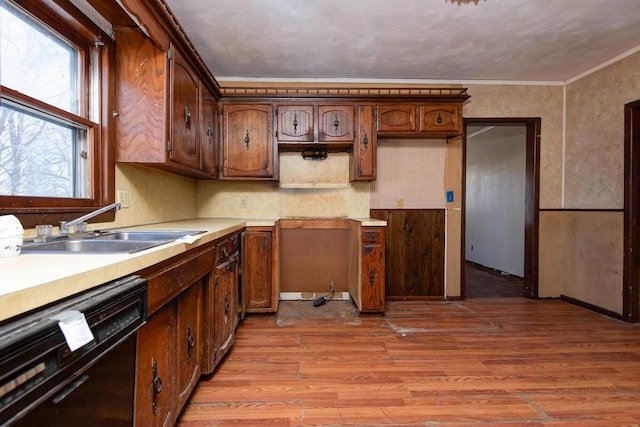 kitchen featuring ornamental molding, light wood-style flooring, black dishwasher, and a sink