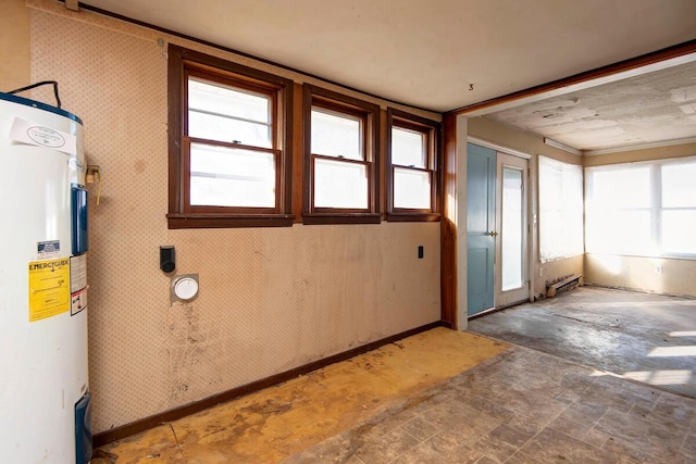 unfurnished sunroom featuring electric water heater