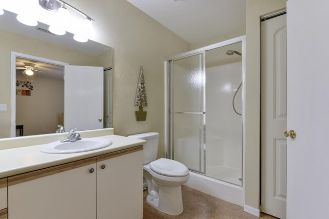 bathroom with vanity, toilet, visible vents, and a stall shower