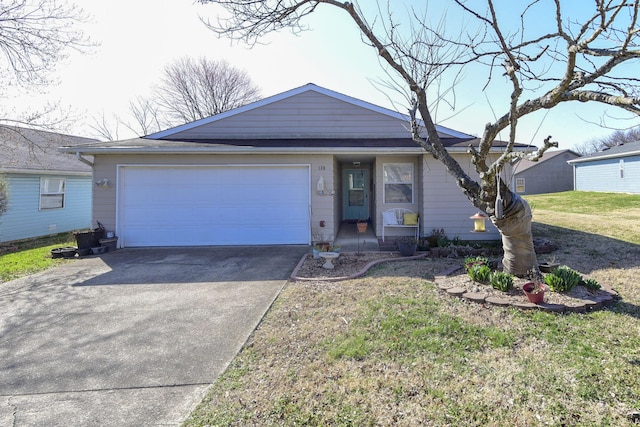 ranch-style house with a garage, driveway, and a front lawn