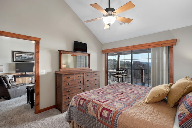 bedroom with a ceiling fan, baseboards, high vaulted ceiling, light carpet, and access to outside