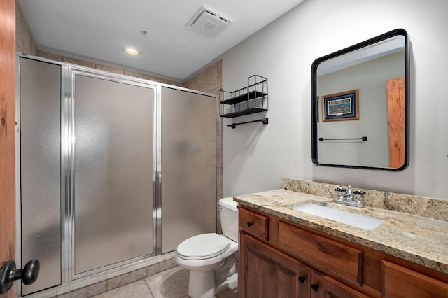 full bath featuring visible vents, toilet, a stall shower, and tile patterned flooring