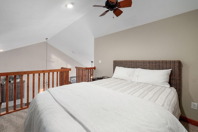 bedroom featuring lofted ceiling, ceiling fan, carpet flooring, and access to exterior