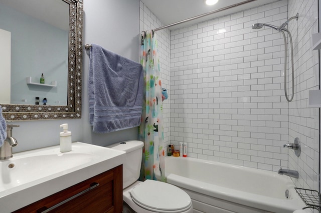 bathroom featuring vanity, toilet, and shower / bathtub combination with curtain