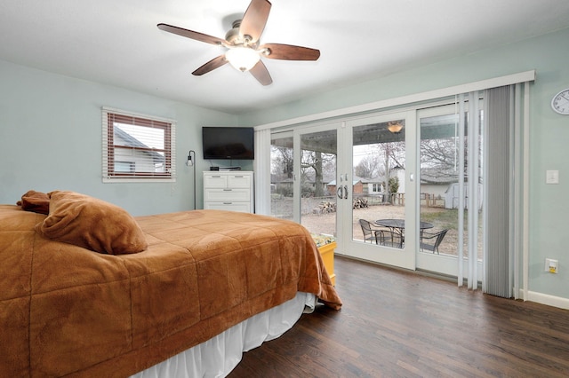 bedroom featuring a ceiling fan, dark wood finished floors, french doors, baseboards, and access to exterior