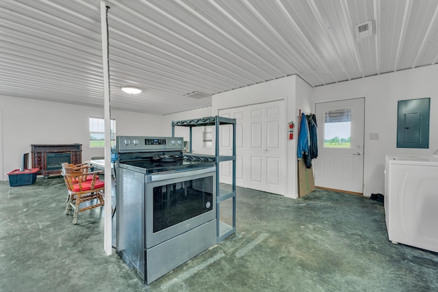 kitchen with electric panel, concrete flooring, stainless steel electric range, and a healthy amount of sunlight