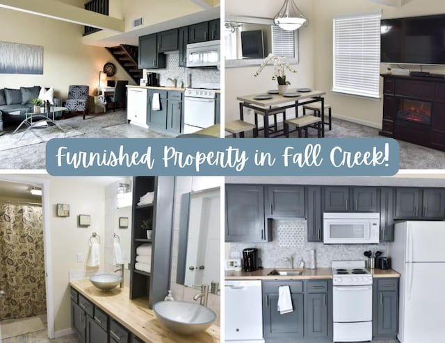 14 Scenic Ct Unit 9, Branson, MO 65616 - interior space featuring backsplash, visible vents, a sink, and white appliances