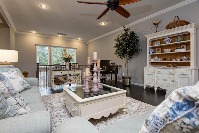 living room featuring visible vents, recessed lighting, crown molding, and dark wood-style flooring