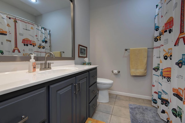 bathroom featuring vanity, baseboards, curtained shower, tile patterned floors, and toilet