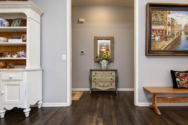 hallway featuring baseboards and dark wood-style floors