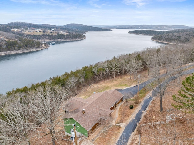 drone / aerial view featuring a water view and a view of trees