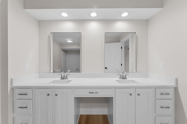 full bathroom featuring double vanity, wood finished floors, and a sink