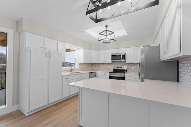 kitchen with a sink, light countertops, appliances with stainless steel finishes, white cabinetry, and tasteful backsplash