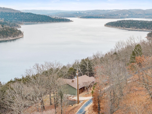 aerial view with a view of trees and a water and mountain view