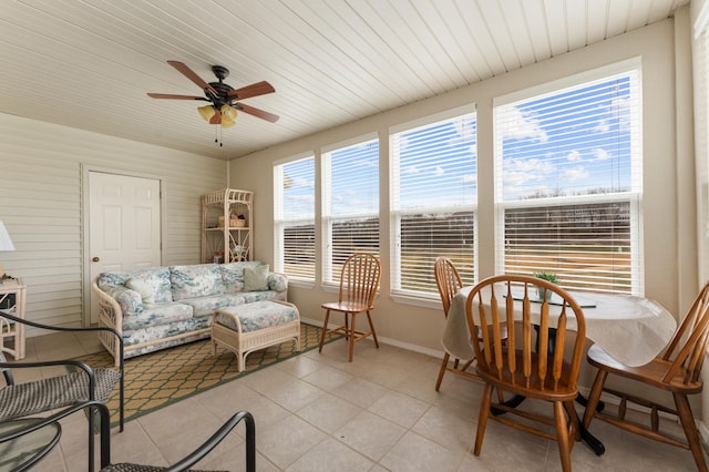 sunroom / solarium featuring wooden ceiling and ceiling fan