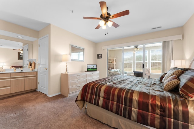 bedroom with visible vents, baseboards, light colored carpet, and a ceiling fan