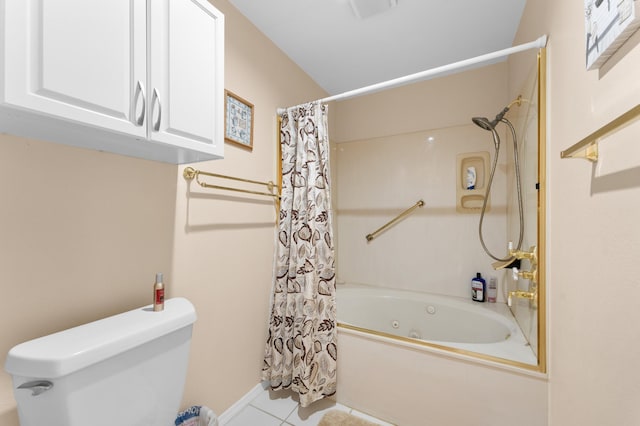 full bathroom featuring tile patterned floors, toilet, and a combined bath / shower with jetted tub