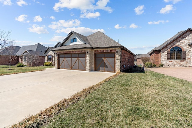 view of property exterior featuring concrete driveway, a yard, stone siding, and an attached garage