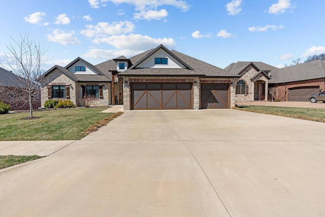 view of front of property with a garage, stone siding, concrete driveway, and a front lawn