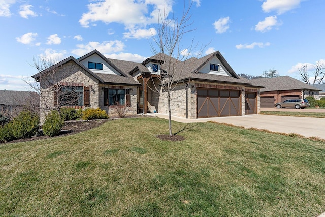 view of front of property with stone siding, an attached garage, concrete driveway, and a front lawn