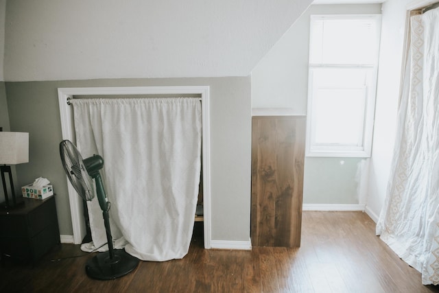 interior space with baseboards, lofted ceiling, and wood finished floors