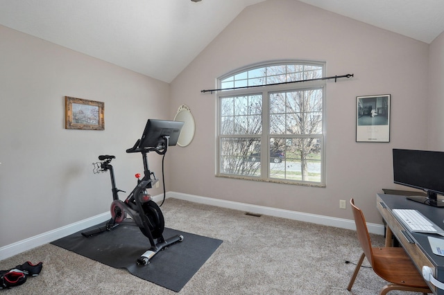 workout area with a wealth of natural light, carpet floors, and vaulted ceiling