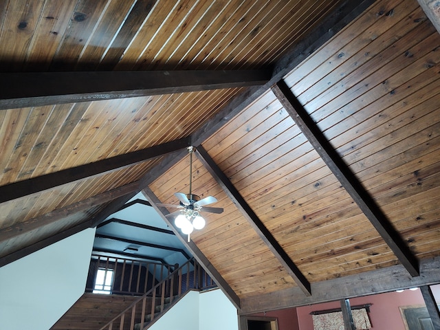 interior details featuring beamed ceiling, wood ceiling, and ceiling fan