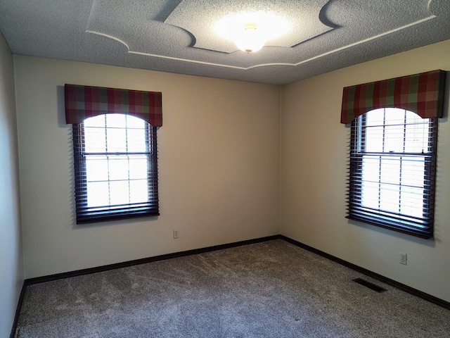 carpeted spare room featuring visible vents, a textured ceiling, and baseboards