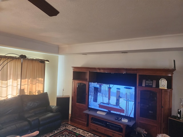 living room with crown molding, a ceiling fan, and a textured ceiling