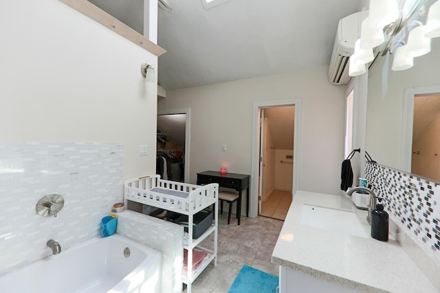 full bath featuring vanity, a garden tub, tile patterned flooring, and decorative backsplash