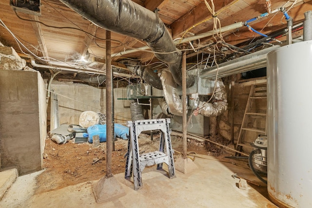 unfinished basement featuring gas water heater