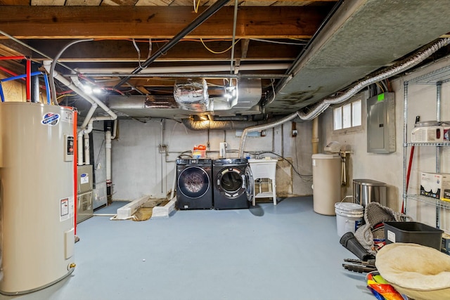 basement with electric panel, electric water heater, washer and clothes dryer, and a sink