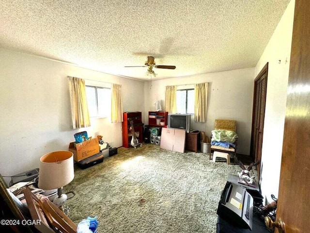 interior space featuring a textured ceiling and ceiling fan