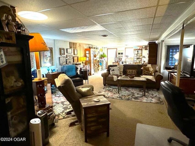 carpeted living area featuring a drop ceiling