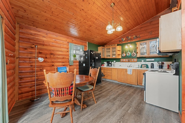 kitchen with dark wood-type flooring, black fridge with ice dispenser, wood ceiling, and electric stove