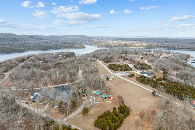 drone / aerial view with a wooded view and a water view