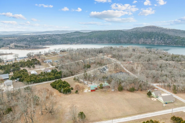 drone / aerial view featuring a water and mountain view