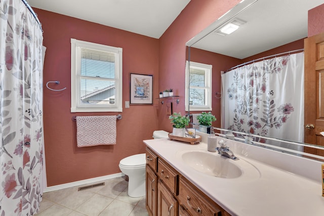 bathroom featuring vanity, baseboards, visible vents, tile patterned floors, and toilet