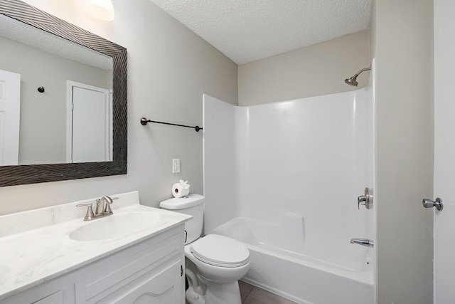 full bath with vanity, toilet, shower / bathtub combination, and a textured ceiling