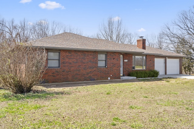 single story home with a front lawn, roof with shingles, a garage, brick siding, and a chimney